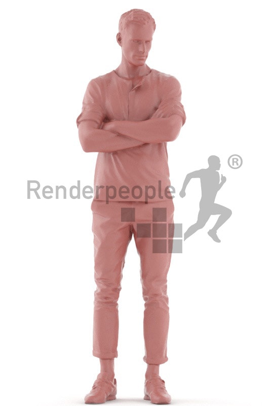 3d people casual, young man standing with arms crossed
