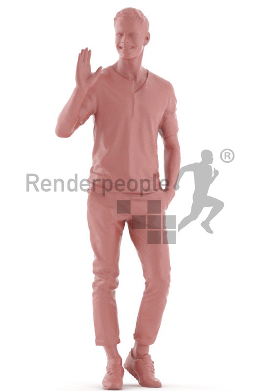 3d people casual, young man walking and waving