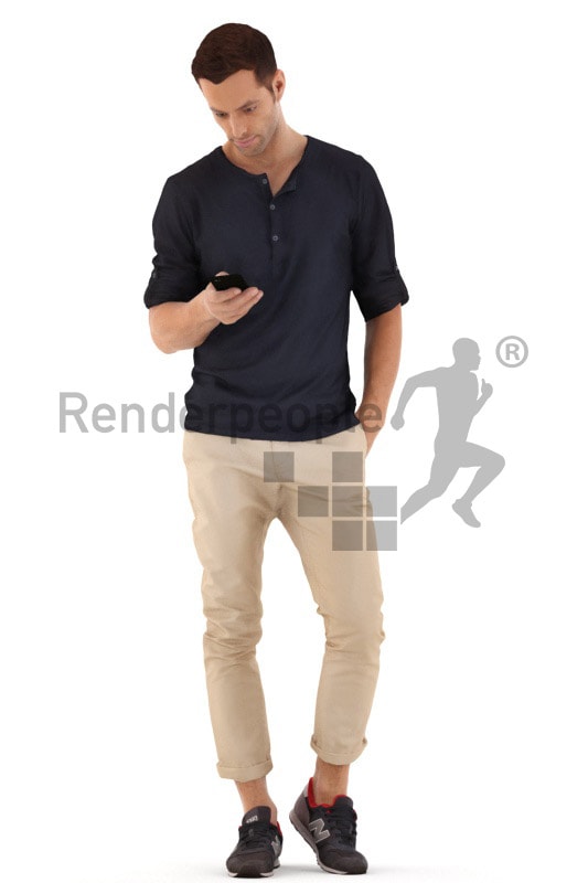 3d people casual, young man walking and checking phone