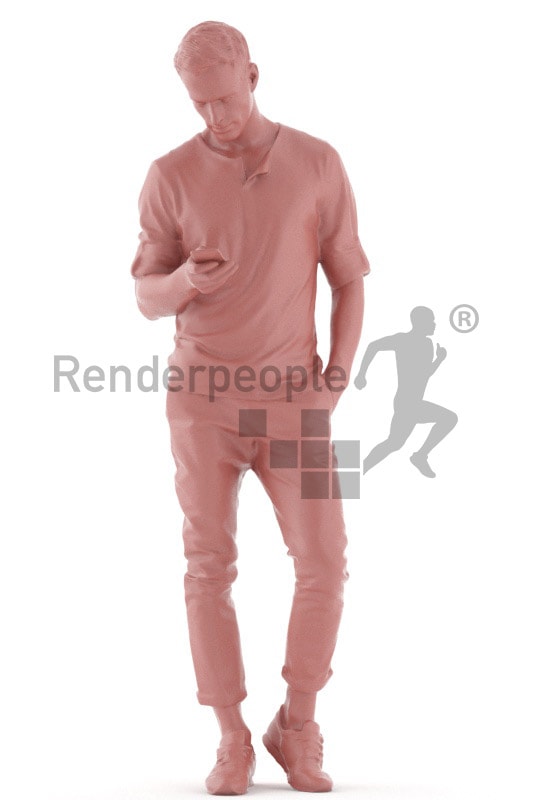 3d people casual, young man walking and checking phone