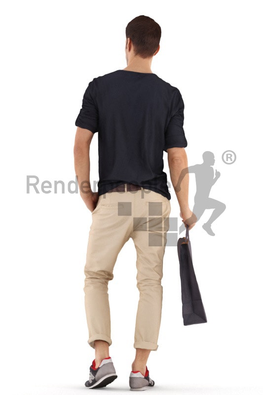 3d people casual, young man standing and holding a shopping bag