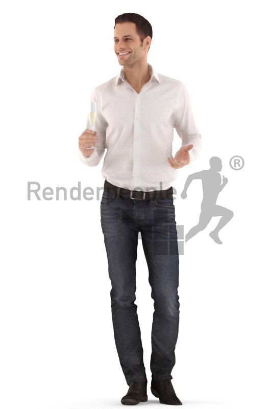 3d people event, young man standing and holding glass