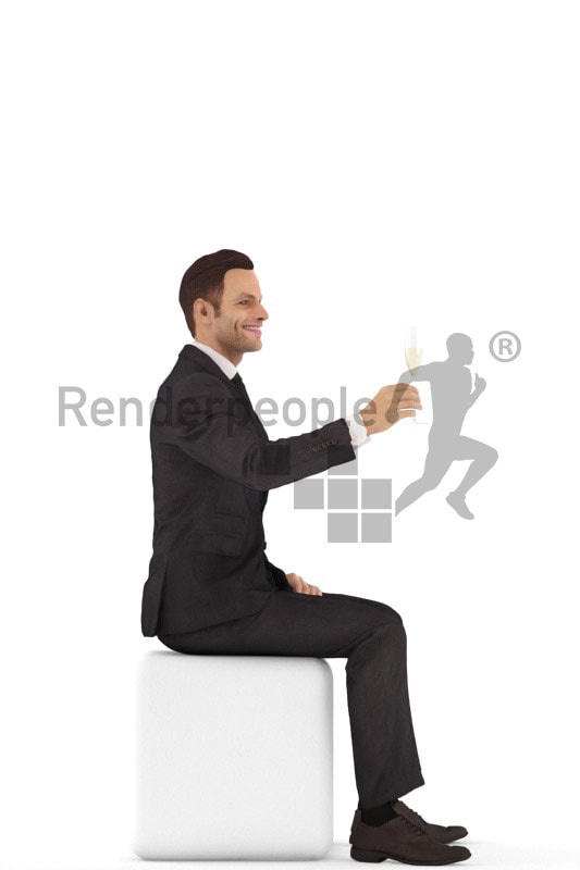 3d people business, young man sitting and holding glass