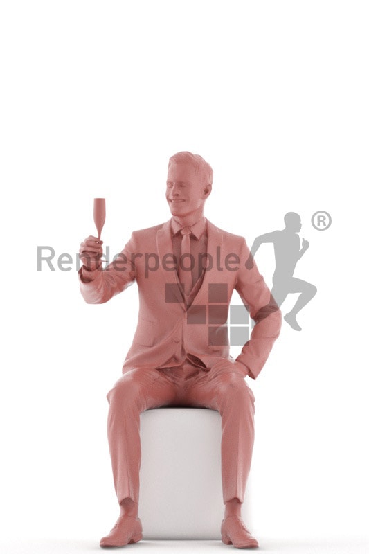 3d people business, young man sitting and holding glass