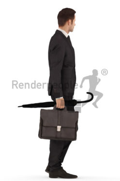 3d people business, young man walking holding a suitcase and umbrella