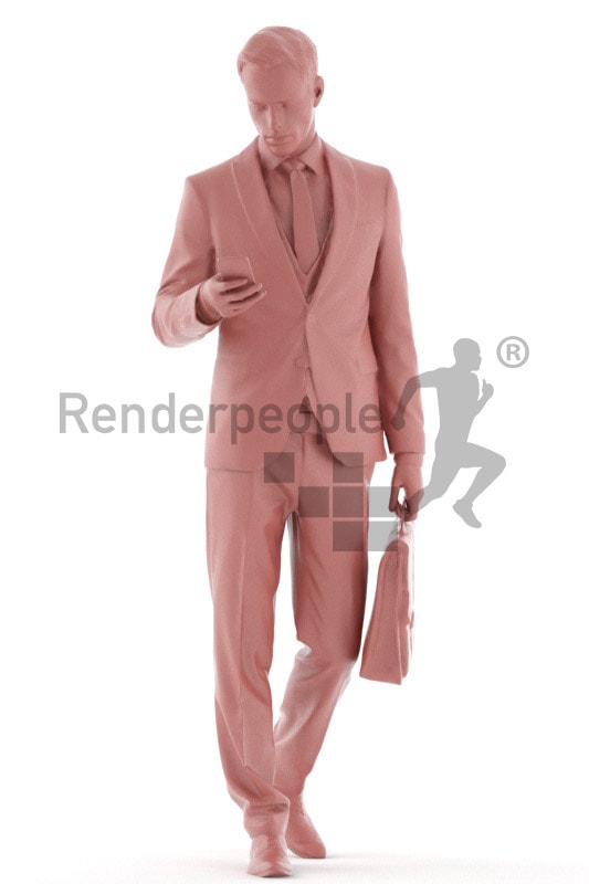 3d people business, young man walking and typing on his phone