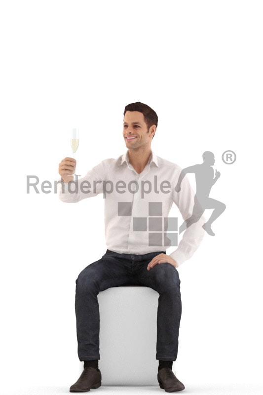 3d people event, young man sitting and holding glass