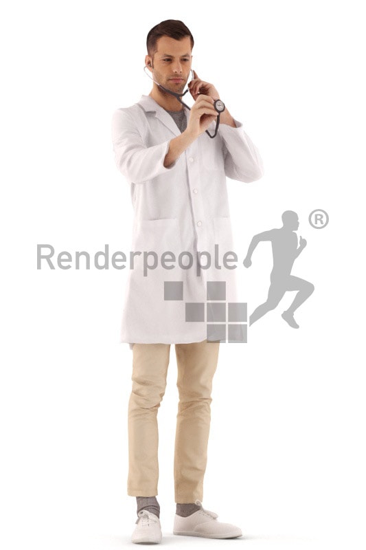 3d people hospital, young man standing hearing with his stethoskop