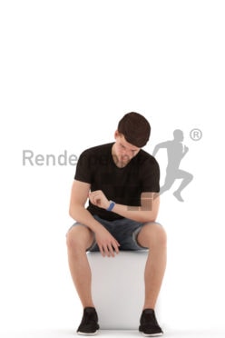 3d people teen, white 3d child sitting, looking at his watch