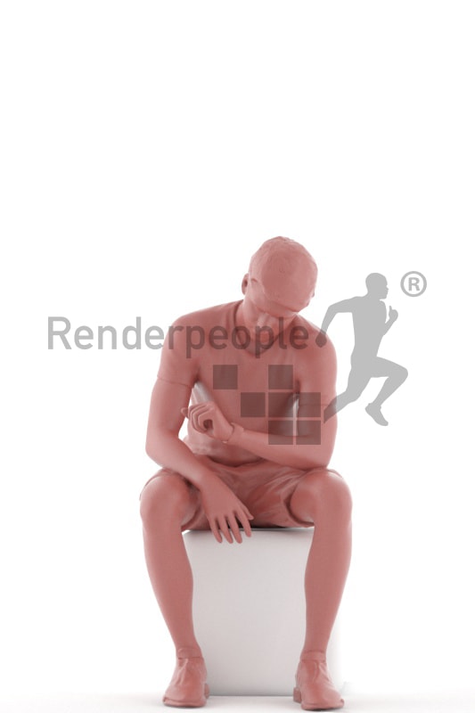 3d people teen, white 3d child sitting, looking at his watch