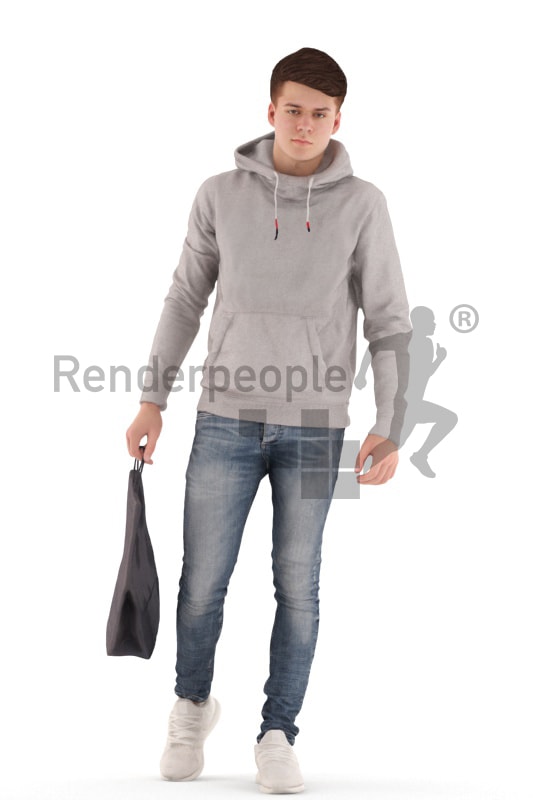 3d people teen, white 3d child walking holding a shopping bag