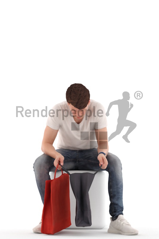 3d people teen casual, white 3d child sitting looking into his shopping bag