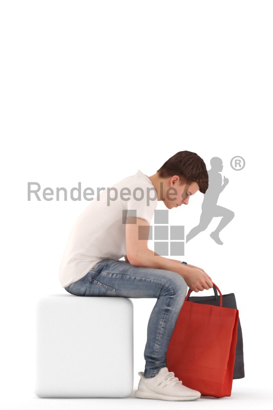 3d people teen casual, white 3d child sitting looking into his shopping bag