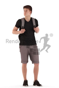 3d people teen, white 3d child standing and waiting with a bagpack