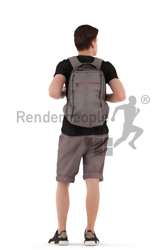 3d people teen, white 3d child standing and waiting with a bagpack