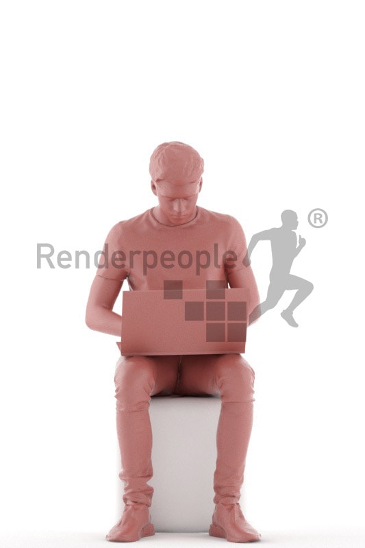 3d people teen, white 3d child sitting with a laptop and typing