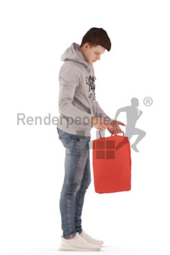 3d people teen, white 3d child standing and looking into shopping bag