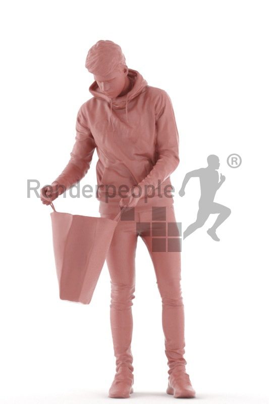 3d people teen, white 3d child standing and looking into shopping bag