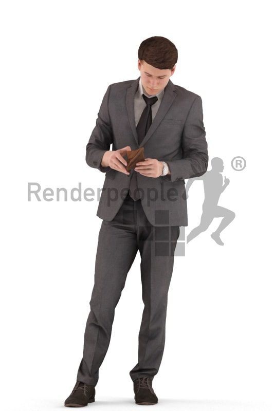 3d people business, white 3d teenager standing and looking into purse