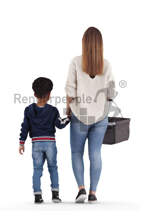 3d people casual, 3d couple mother and child, walking with a basket