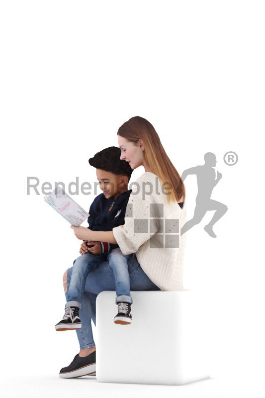 3d people casual, 3d couple mother and child, reading and sitting