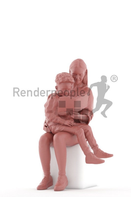 3d people casual, 3d couple mother and child, reading and sitting