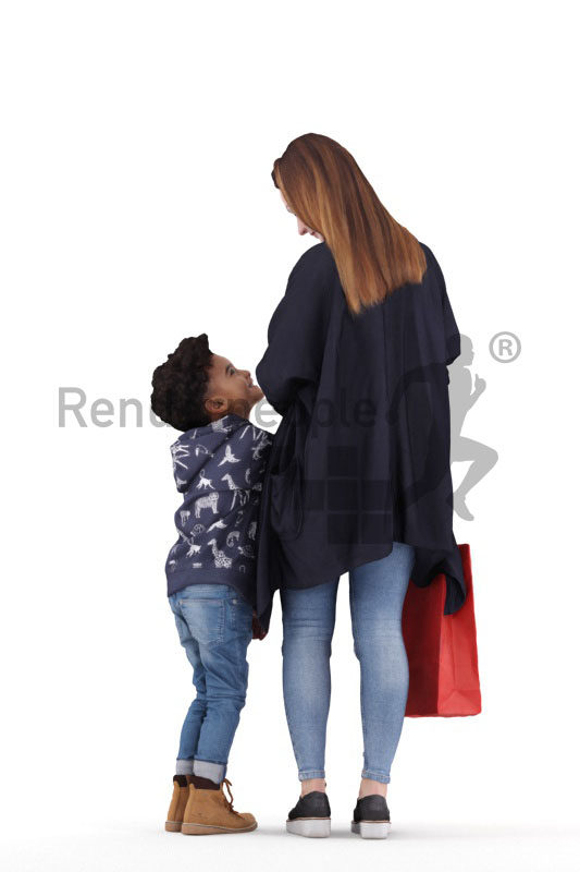 3d people casual, 3d white woman and black boy interacting in the mall