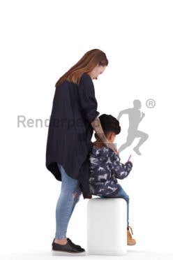 3d people casual, 3d white woman and black boy interacting