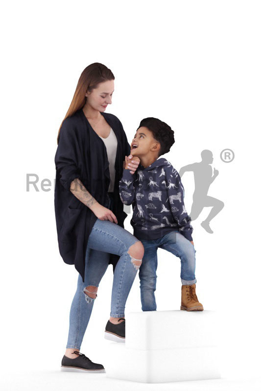 3d people casual, 3d white woman and black boy walking upstairs
