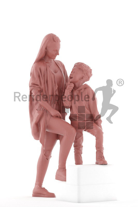 3d people casual, 3d white woman and black boy walking upstairs