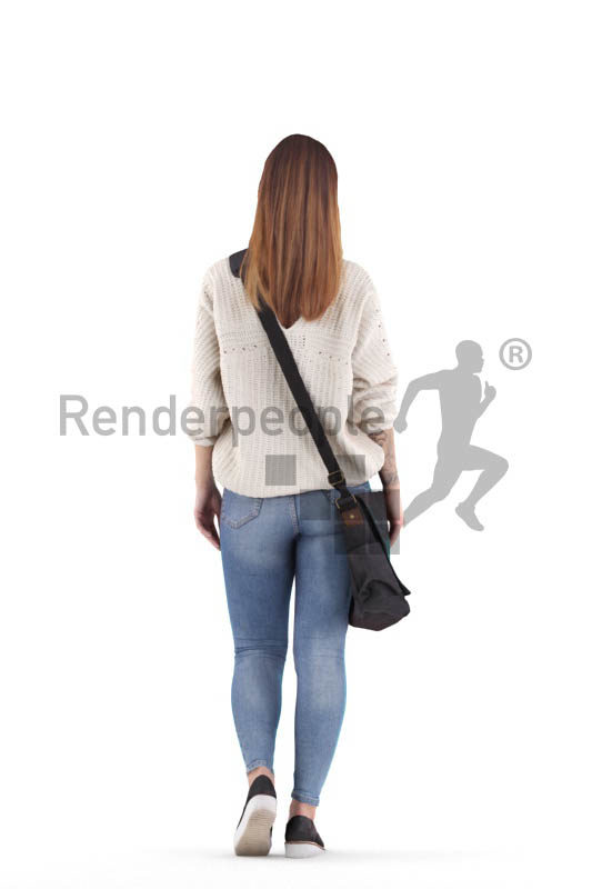Scanned 3D People model for visualization – white woman walking, with bag