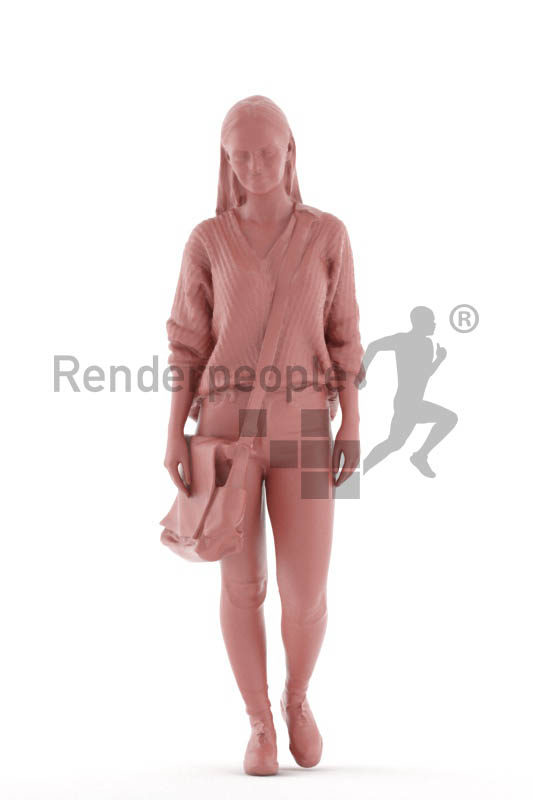 Scanned 3D People model for visualization – white woman walking, with bag