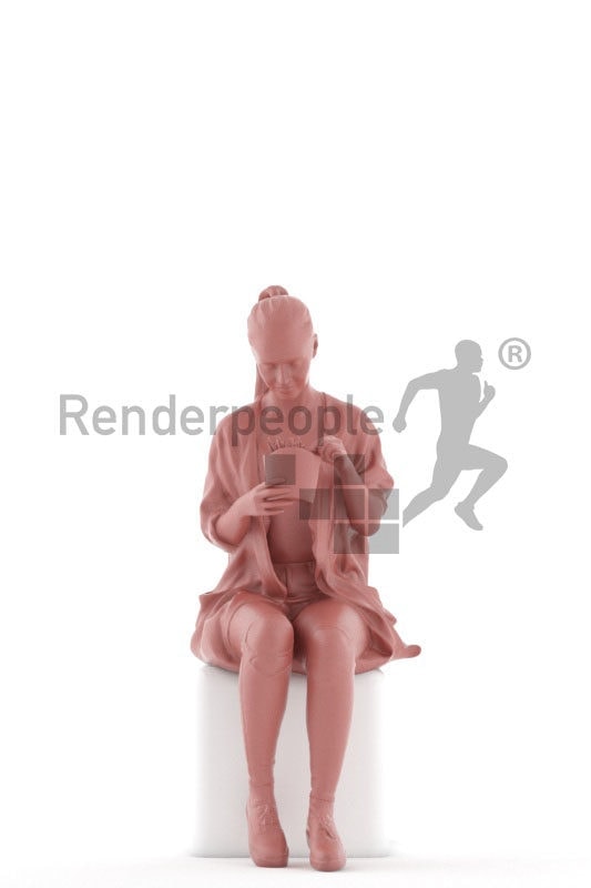 3d people casual, 3d white woman, sitting and eating fries