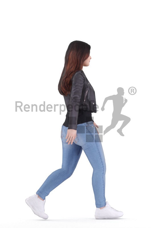 3D People model for animations – european female, with leather jacket, walking