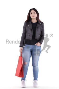 3d people casual, young woman standing and waiting with a shopping bag in her hand