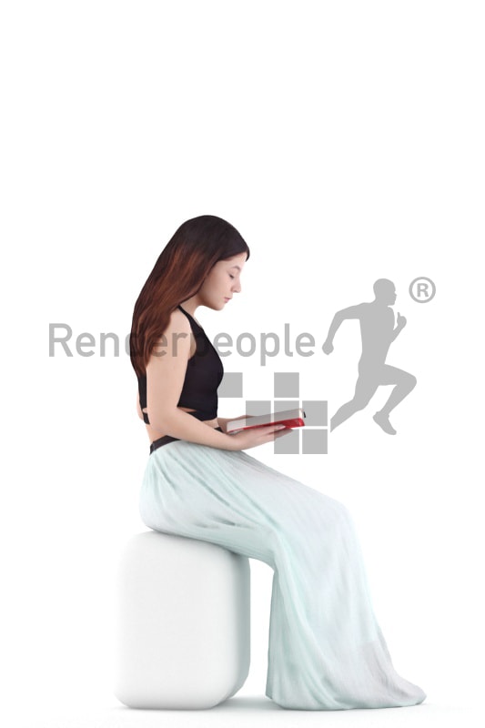 3d people casual, young woman sitting and reading