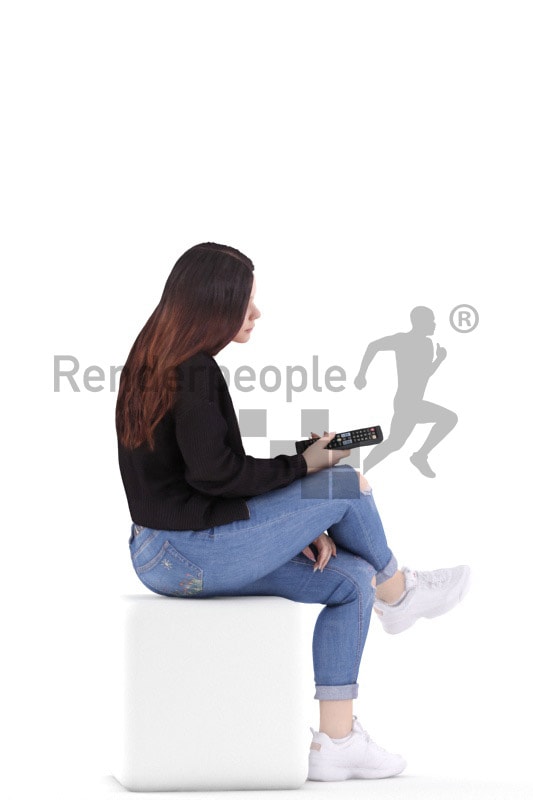 3d people casual, young woman sitting holding a remote