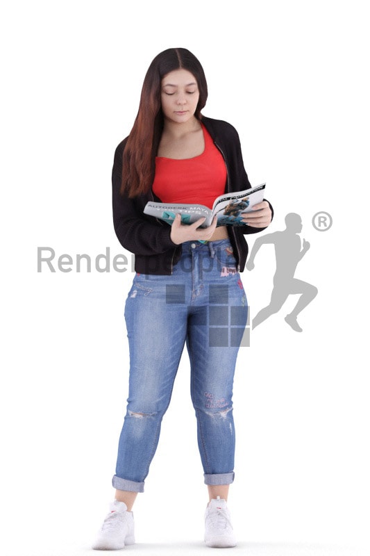 3d people casual, young woman standing and reading a magazine