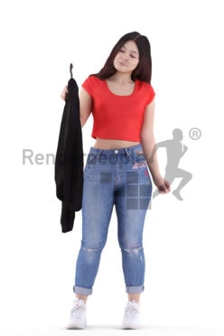 3d people casual, young woman standing and looking at clothing