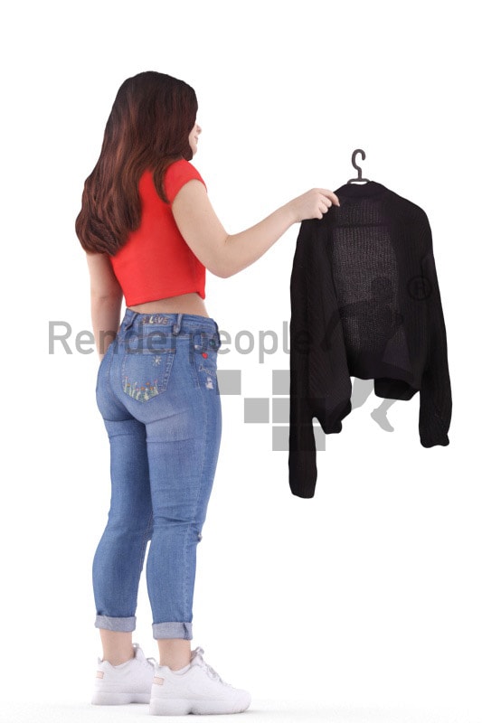 3d people casual, young woman standing and looking at clothing