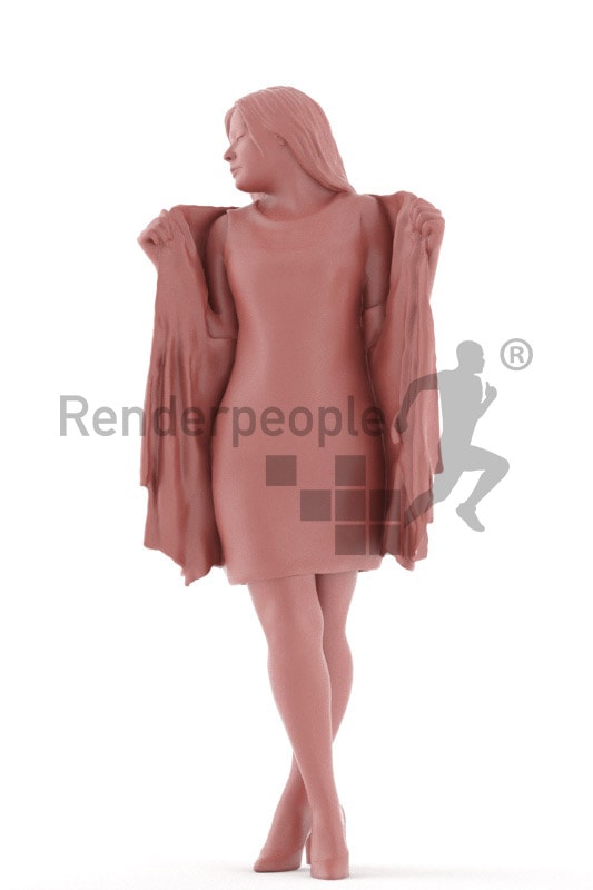 3d people event, young woman standing, putting a jacket on