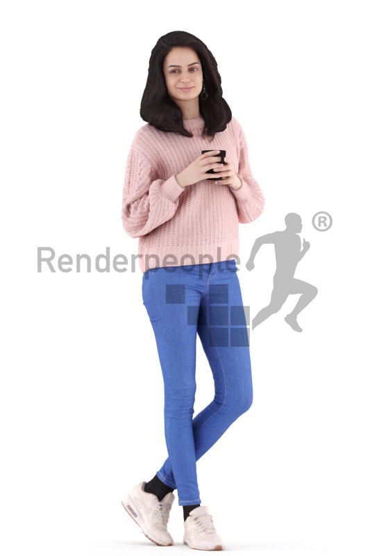 3d people casual, woman standing and holding a cup