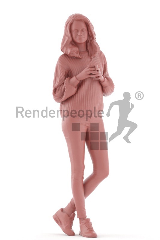 3d people casual, woman standing and holding a cup