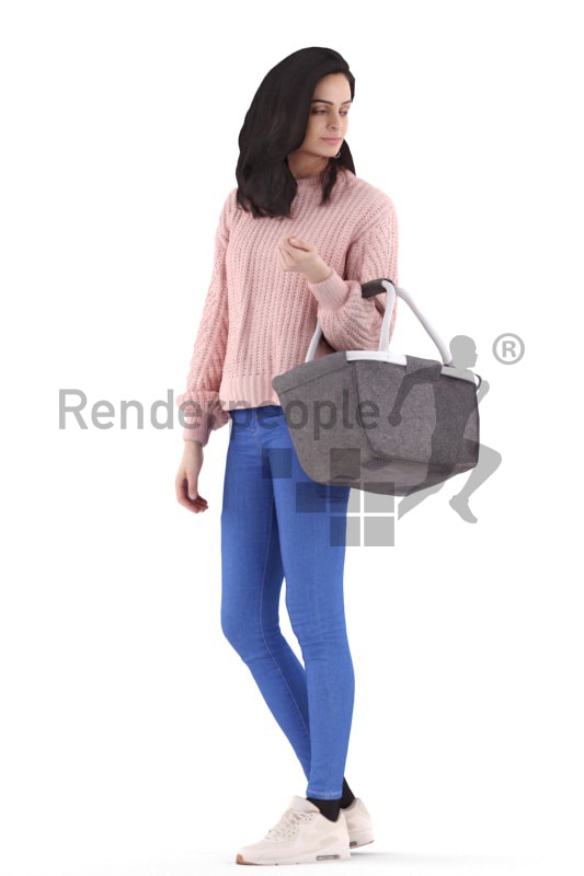 3d people retail, woman standing and holding shopping bag