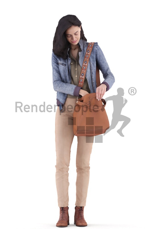 3d people casual, woman standing and searching inside her bag