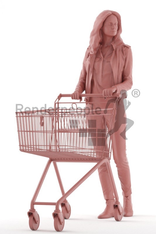 3d people casual, woman walking with a shopping cart