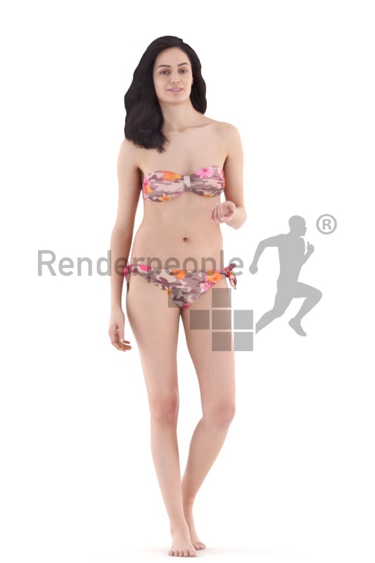 3d people beach, woman walking wearing bikini