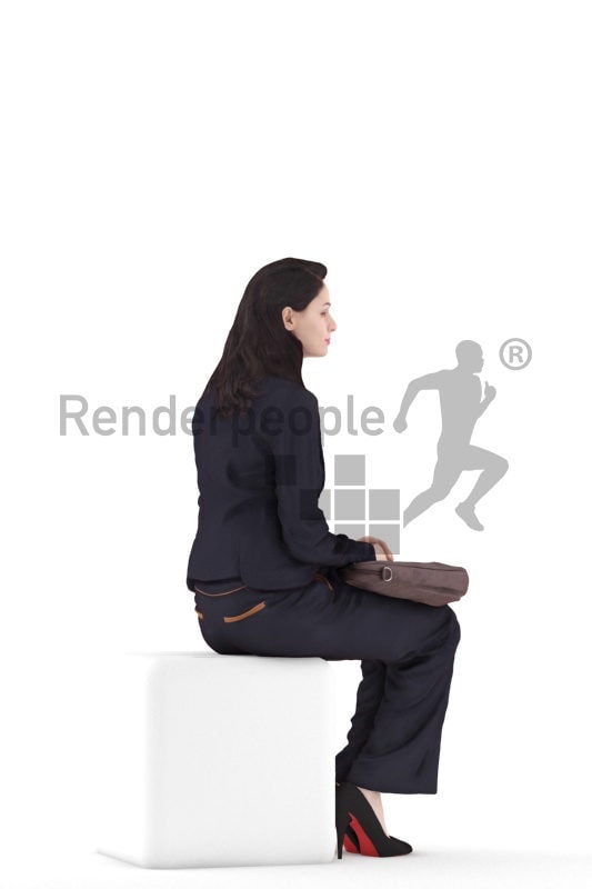 3d people casual, white 3d woman sitting and holding briefcase