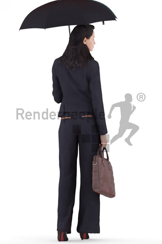 3d people business, white 3d woman standing and holding an umbrella