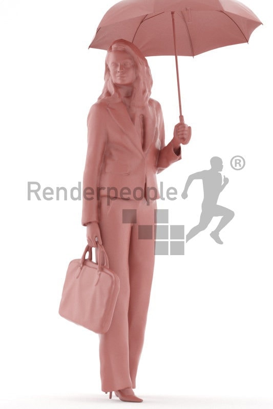 3d people business, white 3d woman standing and holding an umbrella